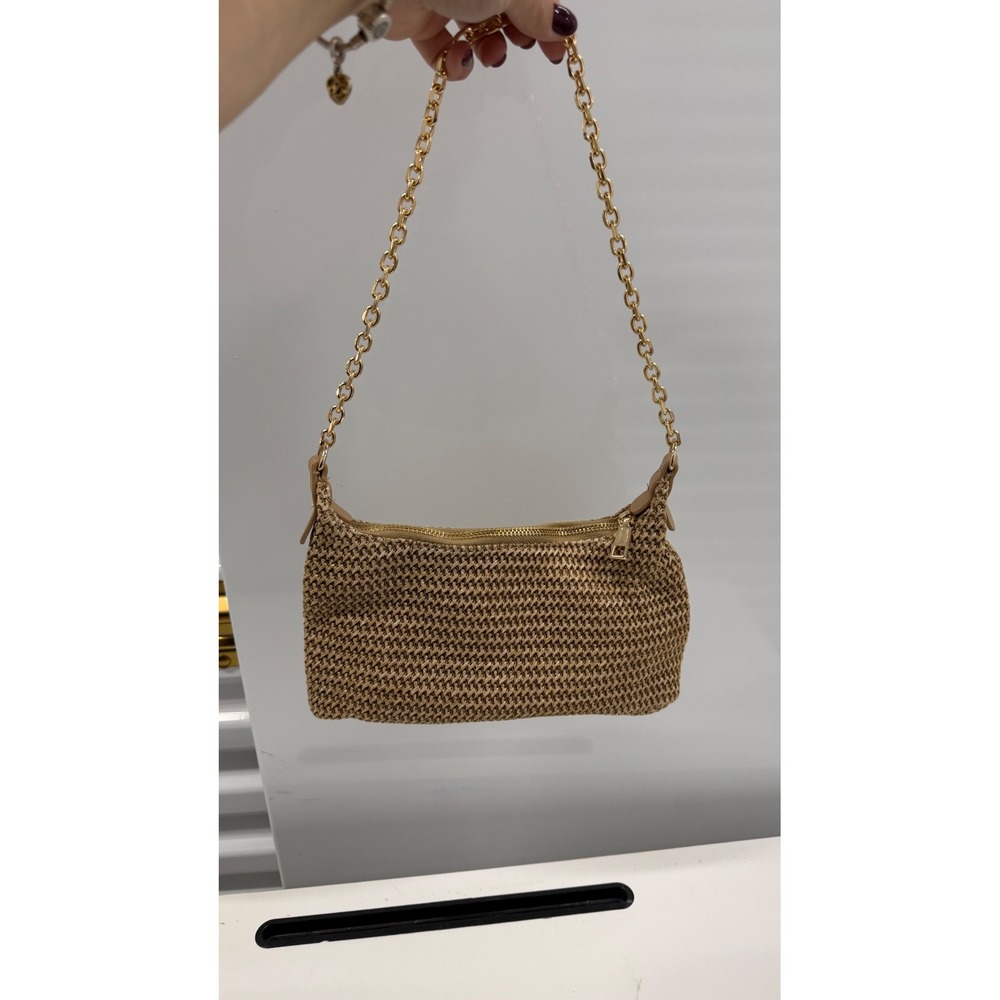 Tan Woven Straw Baguette Shoulder Bag Gold Chain Strap Raffia Style Bag